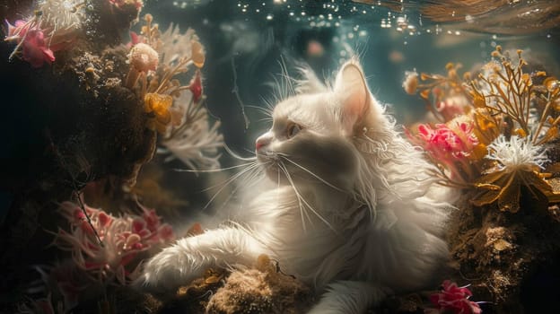 A white cat is sitting on top of a coral reef