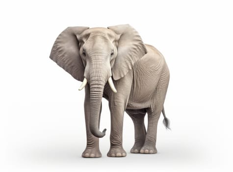 A realistic image of a grey elephant with tusks, standing against a white background