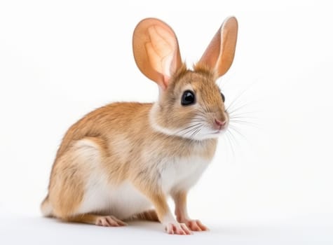 South African springhare, sitting sideways. Close-up of Pedetes capensis looks towards the camera. Exotic animal isolated on a white background