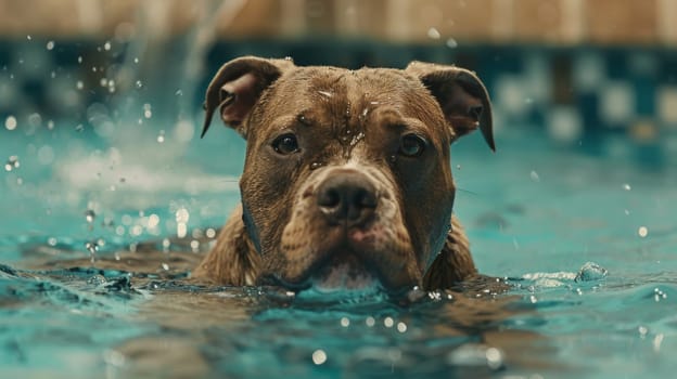 A dog swimming in a pool with water splashing around him