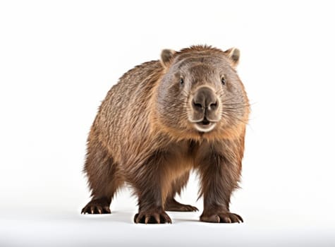Capybara stands sideways and looking to camera - front view. hydrochoerus hydrochaeris Isolated on a white background. Brown wild animal close up