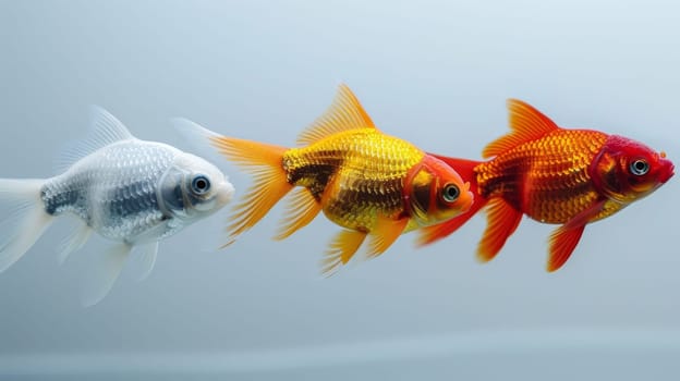Three goldfish are swimming in a row against the wall