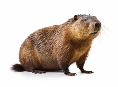 Large nutria stands side ways and looking to camera. Myocastor coypus Isolated on a white background. Brown wild animal close up
