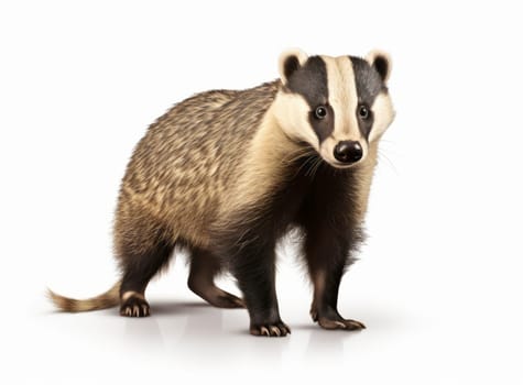European badger stands side ways and looking to camera. Meles meles Isolated on a white background. Black and white striped forest wild animal close up