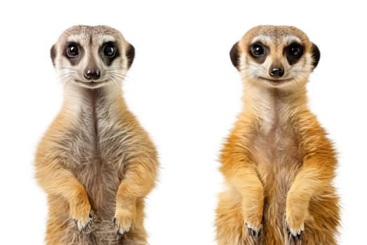 Two beautiful small meerkat stands on its hind legs and looks into the camera isolated on a white background. Cute male and female Suricata suricatta standing upright facing front close up
