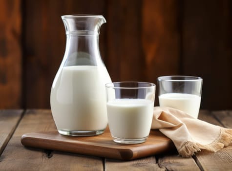 Close-up of a two glasses of milk and a jug of milk on wooden background. The concept banner of farm dairy products and milk day. Copy space