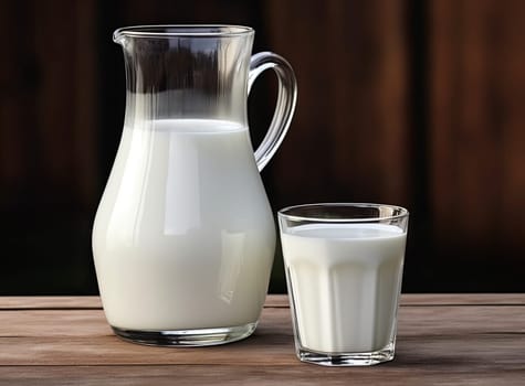 Close-up of a glass of milk and a jug of milk on wooden background. The concept banner of farm dairy products and milk day. Copy space