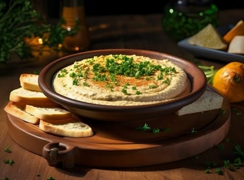 Close-up of hummus in a clay plate with parsley and croutons. Dishes of chickpeas on wooden board. Vegetarian healthy dish