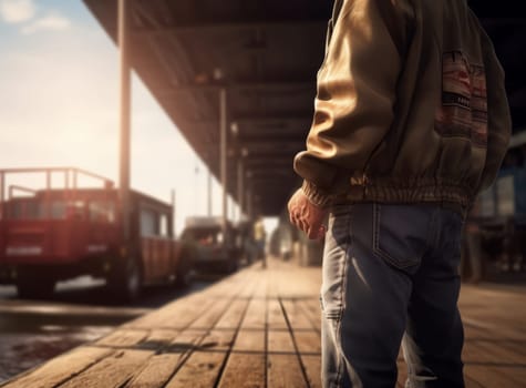 Back view of a person in casual attire waiting on a wooden platform at a train station, with a blurred background featuring a train and a car