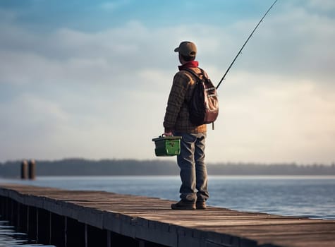 Man in plaid jacket fishing on a wooden pier at dawn, with a green bucket box and a tranquil lake in the background