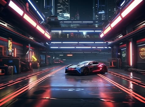Futuristic blue police sports car parked in a neon-lit garage with a red and white striped floor, city skyline in the background