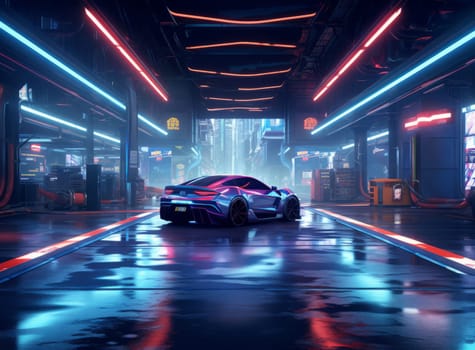 Futuristic sports car in a neon-lit garage with a city skyline in the background