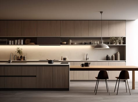 A minimalist kitchen with a wooden island and bar stools
