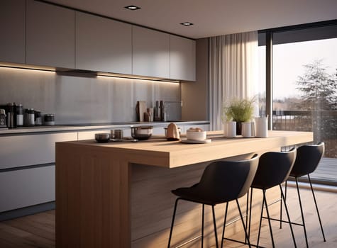 Modern kitchen interior with wooden countertop, black chairs, and a large window. Scandinavian style