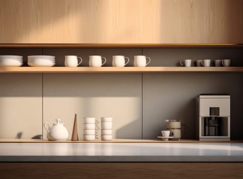 Cozy modern kitchen with wooden cabinets and a coffee machine bathed in warm sunlight