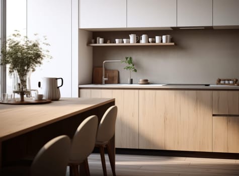 Modern kitchen with wooden cabinets, white countertop, sink, coffee maker, kettle, plants, and cups on shelves