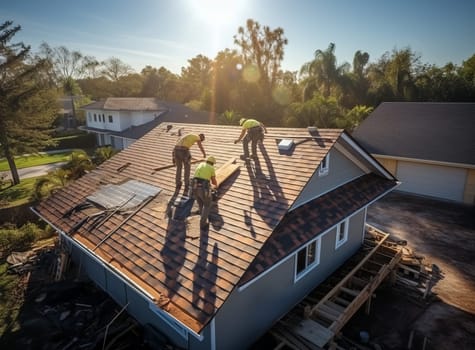Aerial view of construction workers installing shingles on a roof of a house in a suburban neighborhood