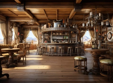 Rustic wooden bar with a circular counter, stools, and tables, decorated with various objects, overlooking mountains