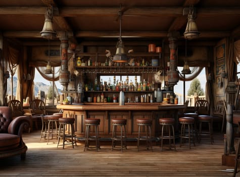 Western saloon bar with rustic wooden interior and desert landscape in the background