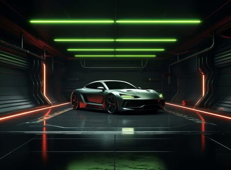 Futuristic sport car in underground Sci Fi garage with green neon fluorescent lights