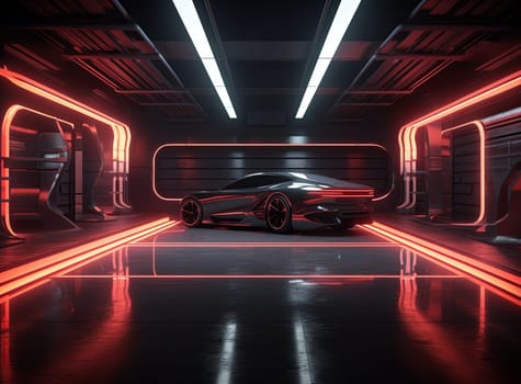 Futuristic black sports car showcased in a red-lit, high-tech garage