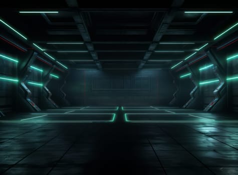 Empty underground warehouse garage with neon green led laser light. Sci Fi cyber dark room - glowing studio stage with reflective floor. Futuristic spaceship corridor or hangar with gate