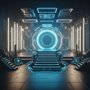 Futuristic teleport gate. Sci-fi portal with blue neon lights and a dark background