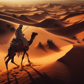 A man in traditional clothing rides a camel through the desert at sunset