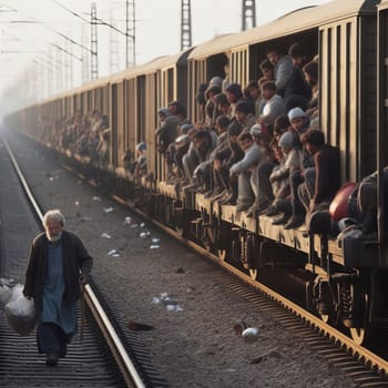Freight car overcrowded with refugees. Train with people moving along tracks with alone man walking along the railway tracks