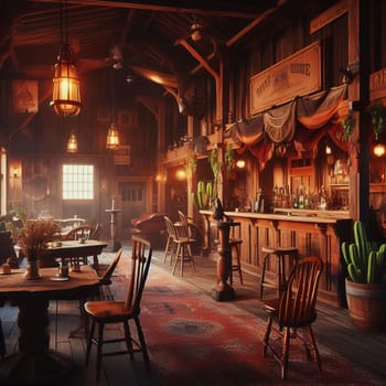 Rustic western saloon with bar, tables, chairs, and vintage decor