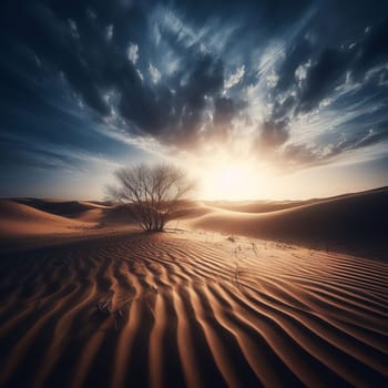 Dramatic desert sunrise with alone tree and sand dunes