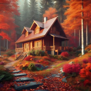 A serene autumn landscape featuring a wooden cabin nestled in the woods, surrounded by colorful trees and a stone path leading up to it