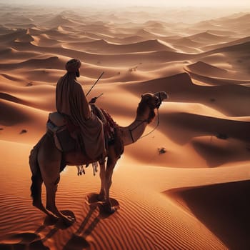 High-angle view of a person riding a camel in the desert, silhouetted against the vast sand dunes