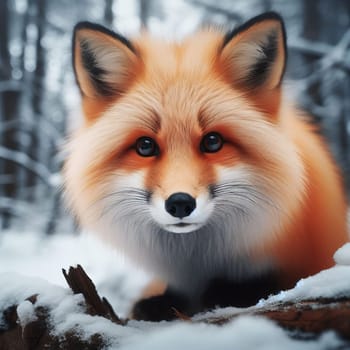 A beautiful fox in a snowy forest, with snow-covered trees in the background and a snow-laden log in the foreground. Its gaze fixed on the camera