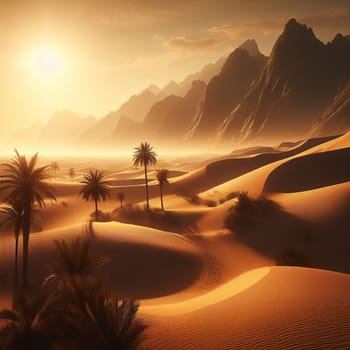 A beautiful desert landscape with palm trees and mountains. The sun sets in the background, casting a warm glow