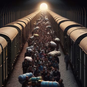 A moody and dramatic conceptual image of a crowded train station with refugee people on the platform and in the train cars