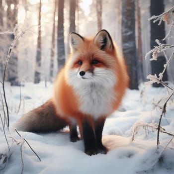 A captivating red fox standing in the snow-covered forest, its looking away, against a blurred snowy backdrop