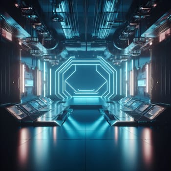 Futuristic image of a blue-lit room with a hexagonal portal in the center and computer panels on the sides