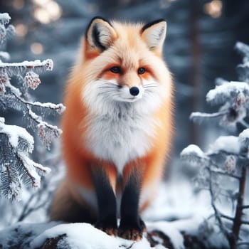 Beautiful European fox sitting in a snowy forest. Furry animal - Vulpes vulpes