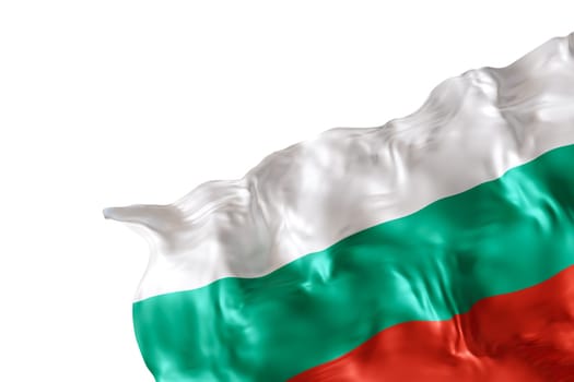 Realistic flag of Bulgaria with folds, isolated on white background. Footer, corner design element. Cut out. Perfect for patriotic themes or national event promotions. Empty, copy space. 3D render