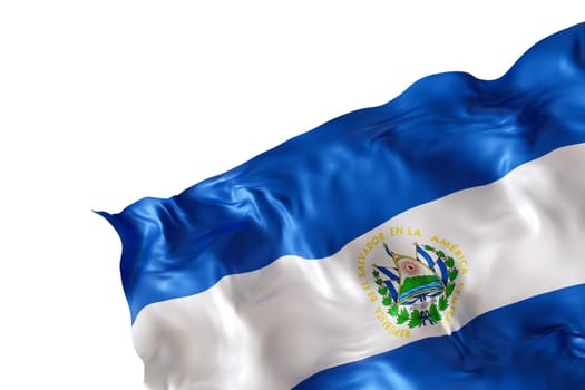 Realistic flag of El Salvador with folds, isolated on white background. Footer, corner design element. Cut out. Perfect for patriotic themes or national event promotions. Empty, copy space. 3D render