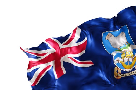 Realistic flag of Falkland Islands, isolated on white background. Footer, corner design element. Cut out. Perfect for patriotic themes or national event promotions. Empty, copy space. 3D render