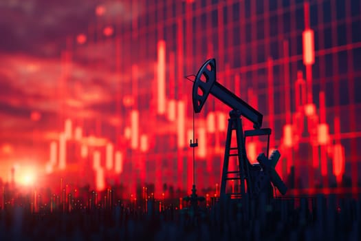 The concept of rising prices for oil and petroleum products. Fluctuations in market prices. Oil pumping against the background of charts.