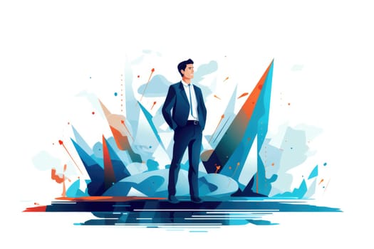 Entrepreneur cartoon illustration - AI generated. Businessman, suit, top, clouds.