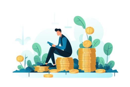 Investment funds cartoon illustration - AI generated. Coin, stack, man, sitting.