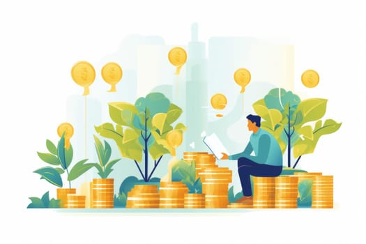 Investment funds cartoon illustration - AI generated. Coin, stack, man, sitting.