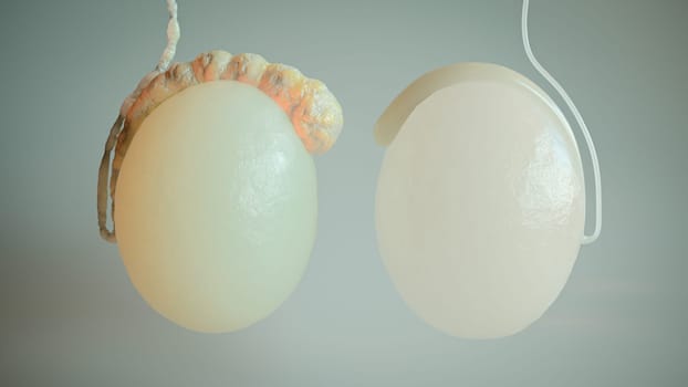 This digital art piece contrasts a healthy testicle with a pristine vas deferens against its inflamed counterpart, depicting the stark differences in medical conditions.