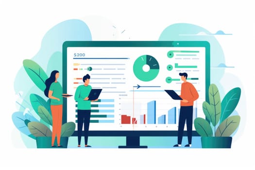 Market research cartoon illustration - AI generated. Board, graph, people, document.