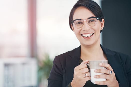 Business woman, coffee and portrait in office for career confidence, welcome and about us in consultation. Professional worker or consultant in human resources with tea, beverage and drink for advice.