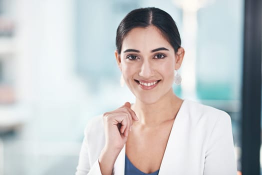 Business woman, worker and portrait in office for career confidence and about us in consultation. Face of professional employee, person or consultant in human resources with advice and job integrity.